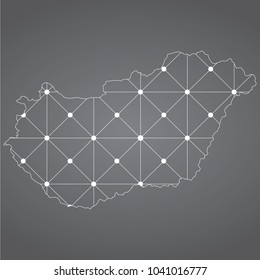 Abstract Mesh Line and Point Scales on The Dark Gradient Background With Map of Hungary. 3D Mesh Polygonal Network Connections.Vector illustration eps 10.