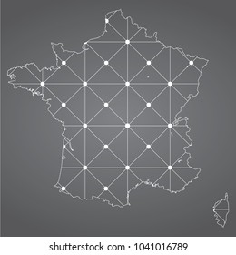 Abstract Mesh Line and Point Scales on The Dark Gradient Background With Map of France. 3D Mesh Polygonal Network Connections.Vector illustration eps 10.