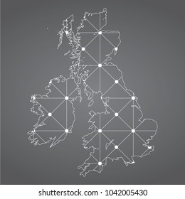 Abstract Mesh Line and Point Scales on The Dark Gradient Background With Map of United Kingdom. 3D Mesh Polygonal Network Connections.Vector illustration eps 10.
