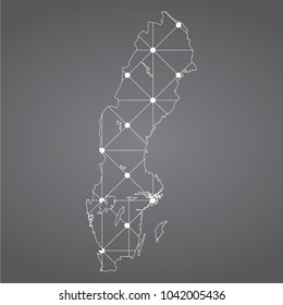 Abstract Mesh Line and Point Scales on The Dark Gradient Background With Map of Sweden. 3D Mesh Polygonal Network Connections.Vector illustration eps 10.