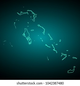 Abstract mesh line and point scales on dark background with Map of bahamas. Wire frame 3D mesh polygonal network line, design sphere, dot and structure. communications map of bahamas. Vector.