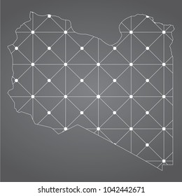 Abstract Mesh Line and Point Scales on The Dark Gradient Background With Map of Libya. 3D Mesh Polygonal Network Connections.Vector illustration eps 10.gray background.