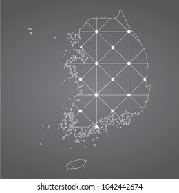 Abstract Mesh Line and Point Scales on The Dark Gradient Background With Map of South Korea. 3D Mesh Polygonal Network Connections.Vector illustration eps 10.gray background.