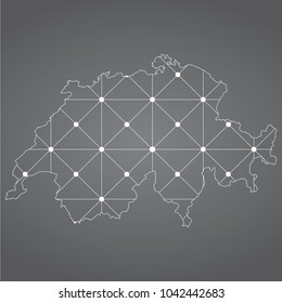 Abstract Mesh Line and Point Scales on The Dark Gradient Background With Map of Switzerland. 3D Mesh Polygonal Network Connections.Vector illustration eps 10.gray background.