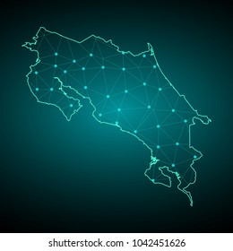 Abstract mesh line and point scales on dark background with Map of costa Rica. Wire frame 3D mesh polygonal network line, design sphere, dot and structure. communications map of costa Rica.