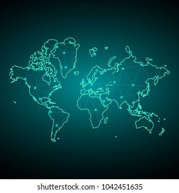 Abstract mesh line and point Scales on hexagon dark background with Map World. Wire frame 3D mesh polygonal network line, design sphere, dot and structure. Vector illustration eps 10.