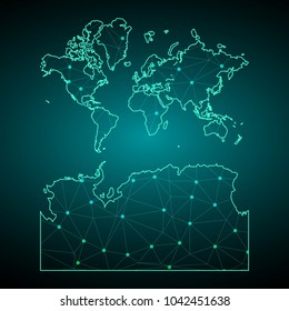 Abstract mesh line and point scales on dark background with Map of World With Antarctica. Wire frame 3D mesh polygonal network line, design sphere, dot and structure. communications map of . Vector.