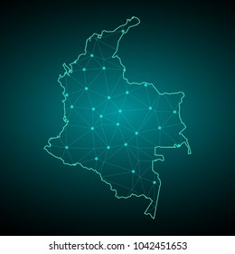 Abstract mesh line and point scales on dark background with Map of colombia. Wire frame 3D mesh polygonal network line, design sphere, dot and structure. communications map of colombia. Vector.