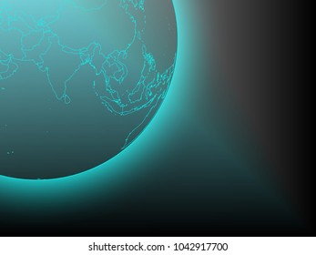 Abstract mesh line and point scales on dark background with Map World. Wire Frame 3D mesh polygonal network line, design sphere, dot and structure. Vector illustration eps 10.