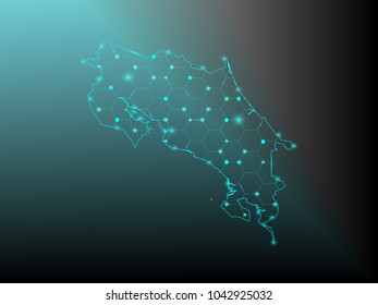 Abstract mesh line and point scales on dark background with map of Costa rica. Wire frame 3D mesh polygonal network line, design sphere, dot and structure. Vector illustration eps 10.