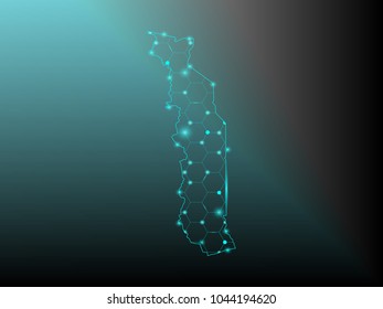 Abstract mesh line and point scales on dark background with map of Togo. Wire frame 3D mesh polygonal network line, design sphere, dot and structure. Vector illustration eps 10.