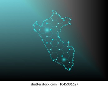 Abstract mesh line and point scales on dark background with map of Peru. Wire Frame 3D mesh polygonal network line, design sphere, dot and structure. Vector illustration eps 10.