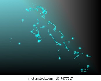 Abstract mesh line and point scales on dark background with Map of bahamas. Wire frame 3D mesh polygonal network line, design sphere, dot and structure. communications map of bahamas. Vector.