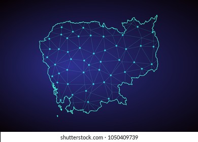 Abstract mesh line and point scales on dark background with Map of cambodia. Wire frame 3D mesh polygonal network line, design sphere, dot and structure. communications map of cambodia. Vector.