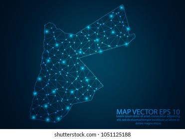 Abstract mesh line and point scales on dark background with map of Jordan.3D mesh polygonal network line, design sphere, dot and structure. Vector illustration eps 10.
