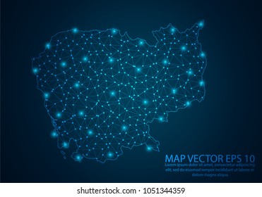 Abstract mesh line and point scales on dark background with map of Cambodia.3D mesh polygonal network line, design sphere, dot and structure. Vector illustration eps 10.
