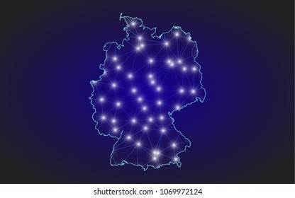 Abstract mesh line and point scales on dark Background with map of Germany. Wire frame 3D mesh polygonal network line, design sphere, dot and structure. Vector illustration eps 10