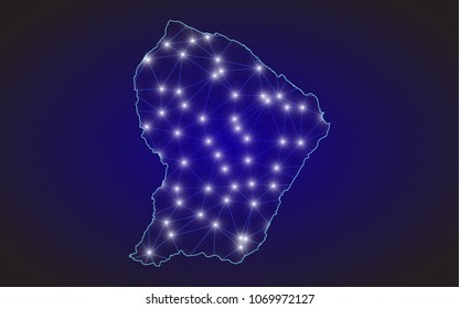 Abstract mesh line and point scales on dark background with Map of french Guiana. Wire frame 3D mesh polygonal network line, design sphere, dot and structure. communications map of french Guiana