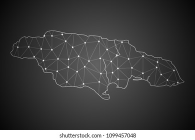 Abstract Mesh Line and Point Scales on The Dark Gradient Background With Map of Jamaica. 3D Mesh Polygonal Network Connections.Vector illustration eps 10.