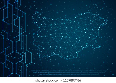 Abstract mesh line and point scales on Circuit dark background with map of Bulgaria. Wire frame mesh polygonal network line, design sphere, dot and structure. Vector illustration eps 10.