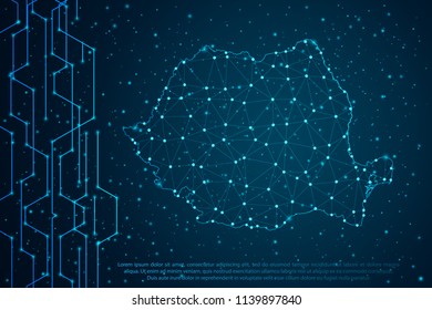 Abstract mesh line and point scales on Circuit dark background with map of Romania. Wire frame mesh polygonal network line, design sphere, dot and structure. Vector illustration eps 10.