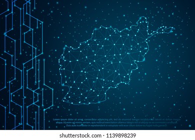 Abstract mesh line and point scales on Circuit dark background with map of Afghanistan. Wire frame mesh polygonal network line, design sphere, dot and structure. Vector illustration eps 10.