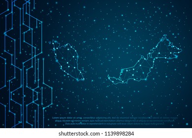 Abstract mesh line and point scales on Circuit dark background with map of Malaysia. Wire frame mesh polygonal network line, design sphere, dot and structure. Vector illustration eps 10.