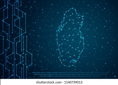 Abstract mesh line and point scales on Circuit dark background with map of Qatar. Wire frame mesh polygonal network line, design sphere, dot and structure. Vector illustration eps 10.
