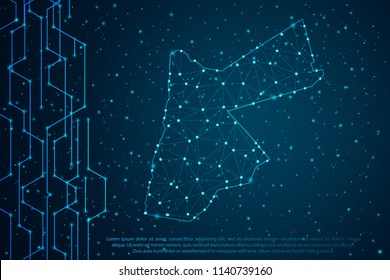 Abstract mesh line and point scales on Circuit dark background with map of Jordan. Wire frame mesh polygonal network line, design sphere, dot and structure. Vector illustration eps 10.
