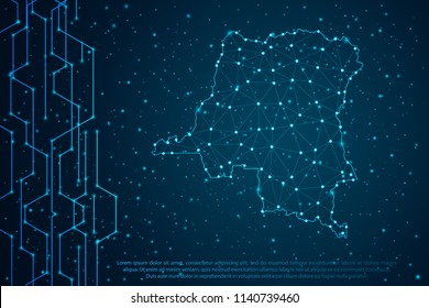 Abstract mesh line and point scales on Circuit dark background with map of Democratic Republic of Congo. Wire frame mesh polygonal network line, design sphere, dot and structure. Vector illustration.