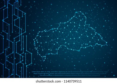Abstract mesh line and point scales on Circuit dark background with map of Central African Republic. Wire frame mesh polygonal network line, design sphere dot. Vector illustration eps 10.