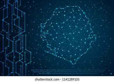 Abstract mesh line and point scales on Circuit dark background with map of Sierra Leone. Wire frame mesh polygonal network line, design sphere, dot and structure. Vector illustration eps 10.