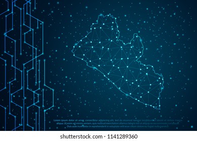Abstract mesh line and point scales on Circuit dark background with map of Liberia. Wire frame mesh polygonal network line, design sphere, dot and structure. Vector illustration eps 10.