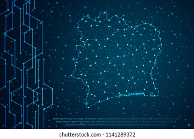 Abstract mesh line and point scales on Circuit dark background with map of Ivory Coast. Wire frame mesh polygonal network line, design sphere, dot and structure. Vector illustration eps 10.