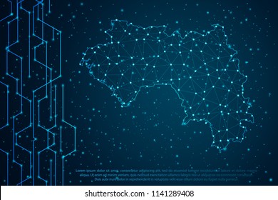 Abstract mesh line and point scales on Circuit dark background with map of Guinea. Wire frame mesh polygonal network line, design sphere, dot and structure. Vector illustration eps 10.