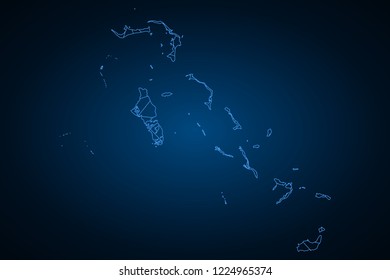 Abstract mesh line and point scales on dark background with Map of bahamas. Wire frame 3D mesh polygonal network line, design sphere, dot and structure. communications map of bahamas. Vector.