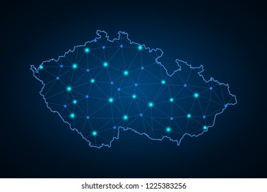 Abstract mesh line and point scales on dark background with Map of czech Republic. Wire frame 3D mesh polygonal network line, design sphere, dot and structure. communications map of czech Republic.