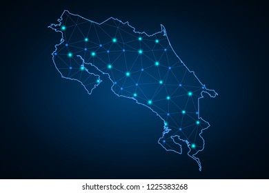 Abstract mesh line and point scales on dark background with Map of costa Rica. Wire frame 3D mesh polygonal network line, design sphere, dot and structure. communications map of costa Rica.
