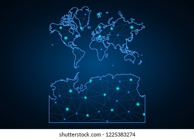 Abstract mesh line and point scales on dark background with Map of World With Antarctica. Wire frame 3D mesh polygonal network line, design sphere, dot and structure. communications map of . Vector.