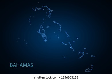 Abstract mesh line and point scales on dark background with Map of bahamas. Wire frame 3D mesh polygonal network line, design sphere, dot and structure. communications map of bahamas. Vector. - Vector