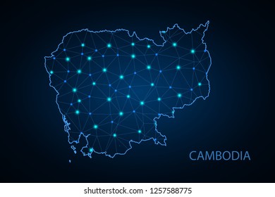 Abstract mesh line and point scales on dark background with Map of cambodia. Wire frame 3D mesh polygonal network line, design sphere, dot and structure. communications map of cambodia. Vector. - Vect
