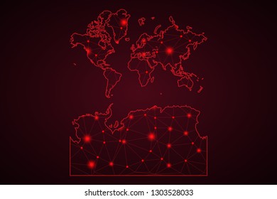 Abstract mesh line and point scales on dark background with Map of World With Antarctica. Wire frame 3D mesh polygonal network line, design sphere, dot and structure. communications map of . Vector. -