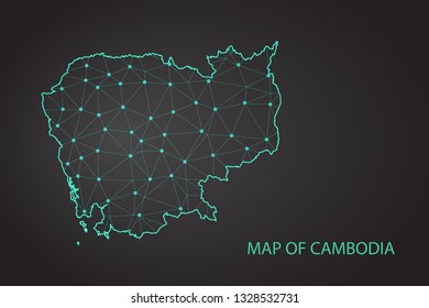 Abstract mesh line and point scales on dark background with Map of cambodia. Wire frame 3D mesh polygonal network line, design sphere, dot and structure. communications map of cambodia. Vector. - Vect