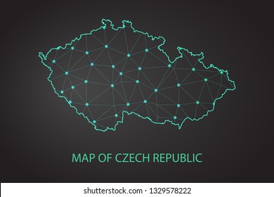 Abstract mesh line and point scales on dark background with Map of czech Republic. Wire frame 3D mesh polygonal network line, design sphere, dot and structure. communications map of czech Republic. - 