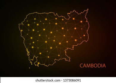 Abstract mesh line and point scales on dark background with Map of cambodia. Wire frame 3D mesh polygonal network line, design sphere, dot and structure. communications map of cambodia. Vector. - Vect