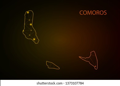 Abstract mesh line and point scales on dark background with Map of comoros. Wire frame 3D mesh polygonal network line, design sphere, dot and structure. communications map of comoros. Vector. - Vector