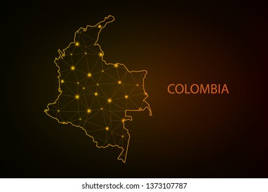 Abstract mesh line and point scales on dark background with Map of colombia. Wire frame 3D mesh polygonal network line, design sphere, dot and structure. communications map of colombia. Vector. - Vect