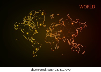 Abstract mesh line and point Scales on hexagon dark background with Map World. Wire frame 3D mesh polygonal network line, design sphere, dot and structure. Vector illustration eps 10. - Vector - Vecto