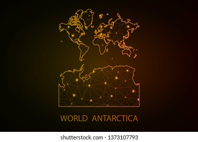 Línea abstracta de malla y punto escala sobre fondo oscuro con Mapa del Mundo con Antártida. Línea de red poligonal, esfera de diseño, punto y estructura de malla 3D de marco de cable. mapa de comunicaciones de . Vector. -