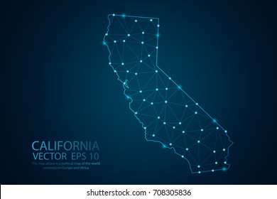 Abstract mesh line and point scales on dark background with map of California. Wire frame 3D mesh polygonal network line, design sphere, dot and Structure. Vector illustration eps 10.